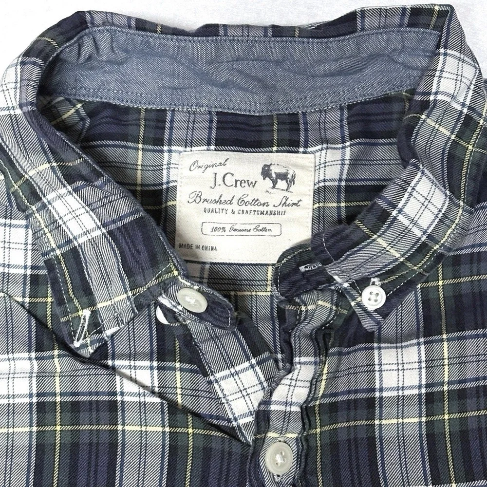 J Crew‎ Shirt Brushed Cotton Navy Blue Plaid Check Preppy Cabincore Mens Large